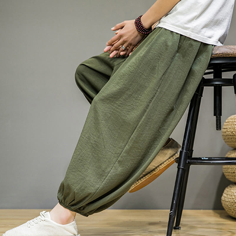 Nimara Ritual Summer Plain Drawstring Men's Ankle-Length Cotton Harem Pants With Pockets