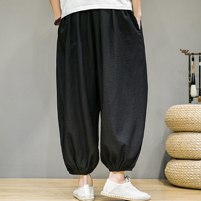 Nimara Ritual Summer Plain Drawstring Men's Ankle-Length Cotton Harem Pants With Pockets