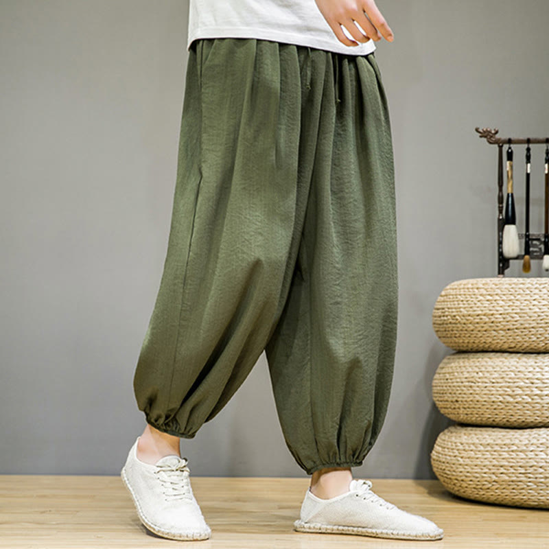 Nimara Ritual Summer Plain Drawstring Men's Ankle-Length Cotton Harem Pants With Pockets