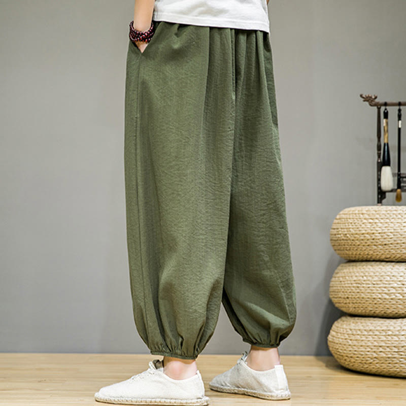 Nimara Ritual Summer Plain Drawstring Men's Ankle-Length Cotton Harem Pants With Pockets