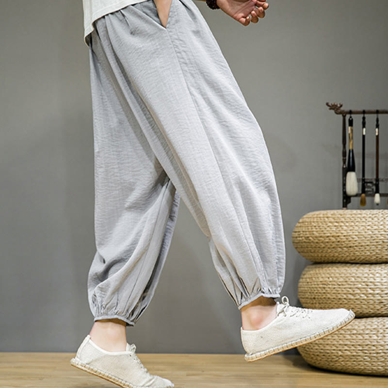 Nimara Ritual Summer Plain Drawstring Men's Ankle-Length Cotton Harem Pants With Pockets