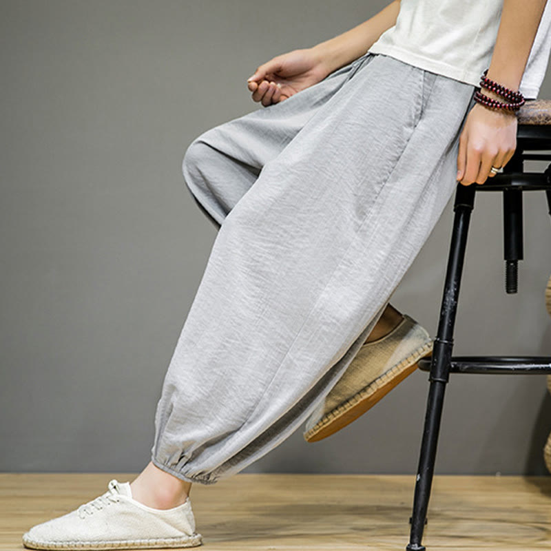 Nimara Ritual Summer Plain Drawstring Men's Ankle-Length Cotton Harem Pants With Pockets