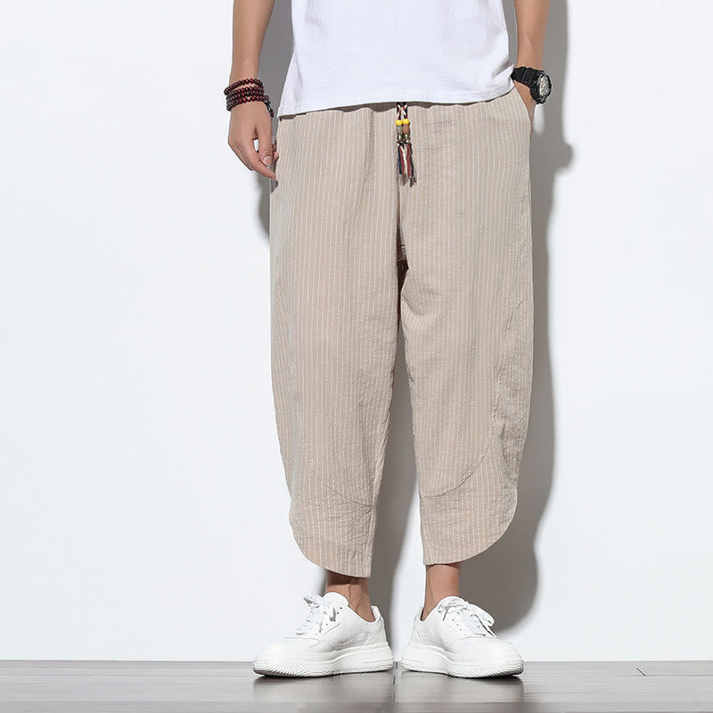 Nimara Ritual Summer Stripes Pattern Drawstring Cotton Linen Men's 7-8 Length Harem Pants With Pockets