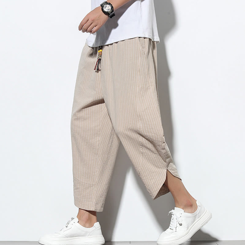 Nimara Ritual Summer Stripes Pattern Drawstring Cotton Linen Men's 7-8 Length Harem Pants With Pockets