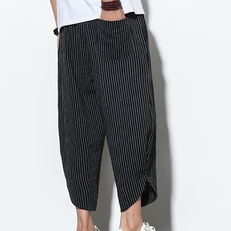 Nimara Ritual Summer Stripes Pattern Drawstring Cotton Linen Men's 7-8 Length Harem Pants With Pockets