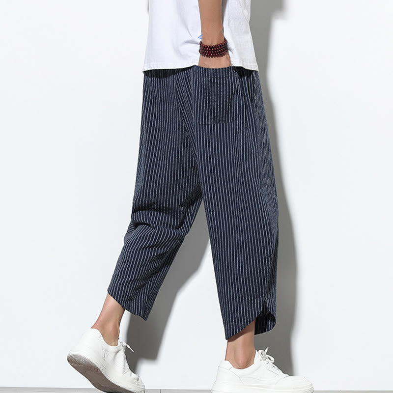 Nimara Ritual Summer Stripes Pattern Drawstring Cotton Linen Men's 7-8 Length Harem Pants With Pockets