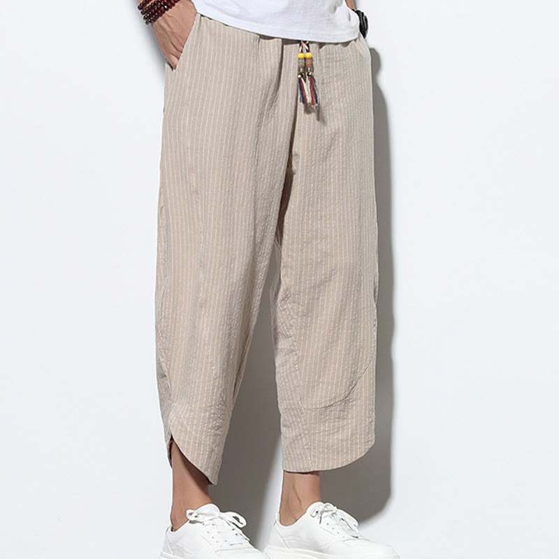 Nimara Ritual Summer Stripes Pattern Drawstring Cotton Linen Men's 7-8 Length Harem Pants With Pockets