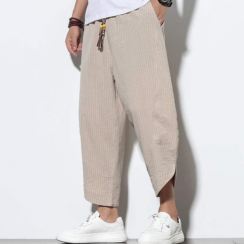 Nimara Ritual Summer Stripes Pattern Drawstring Cotton Linen Men's 7-8 Length Harem Pants With Pockets