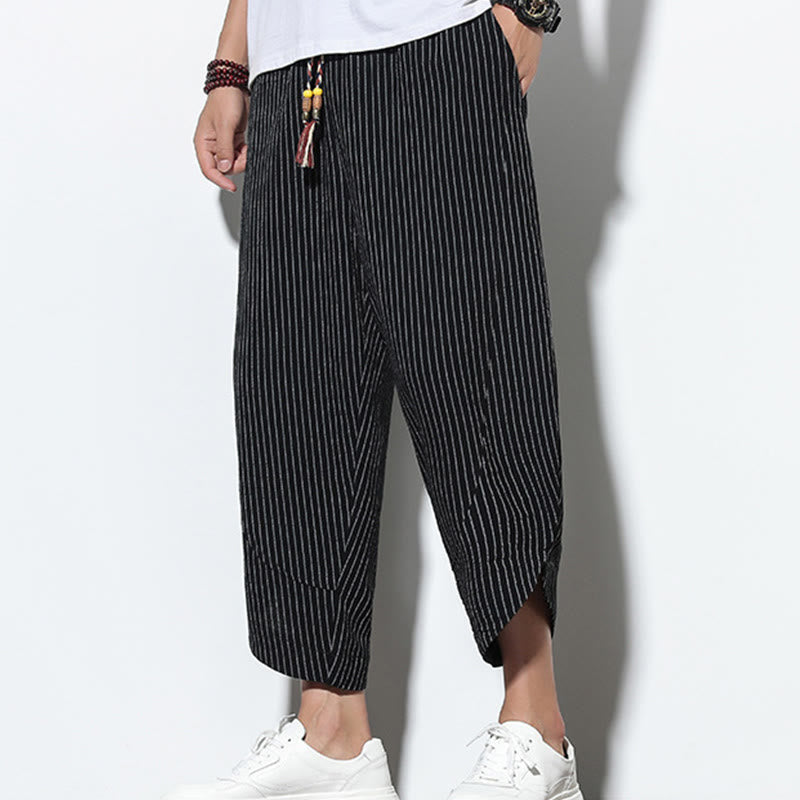 Nimara Ritual Summer Stripes Pattern Drawstring Cotton Linen Men's 7-8 Length Harem Pants With Pockets