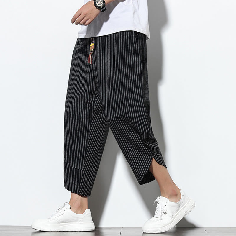 Nimara Ritual Summer Stripes Pattern Drawstring Cotton Linen Men's 7-8 Length Harem Pants With Pockets