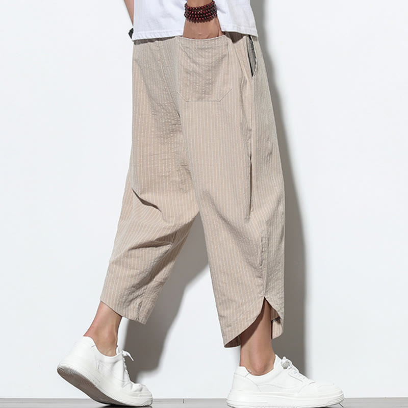 Nimara Ritual Summer Stripes Pattern Drawstring Cotton Linen Men's 7-8 Length Harem Pants With Pockets