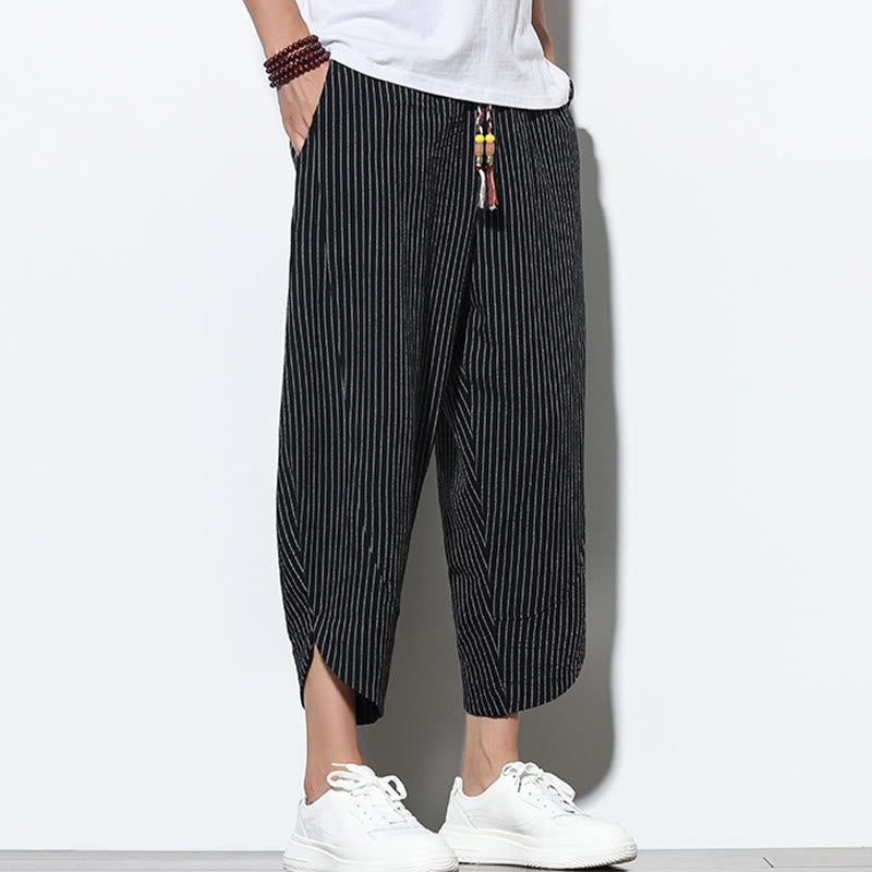 Nimara Ritual Summer Stripes Pattern Drawstring Cotton Linen Men's 7-8 Length Harem Pants With Pockets
