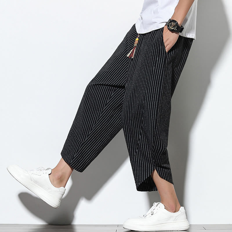 Nimara Ritual Summer Stripes Pattern Drawstring Cotton Linen Men's 7-8 Length Harem Pants With Pockets