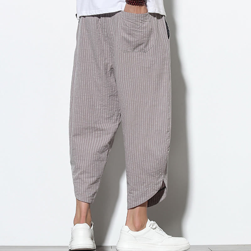 Nimara Ritual Summer Stripes Pattern Drawstring Cotton Linen Men's 7-8 Length Harem Pants With Pockets