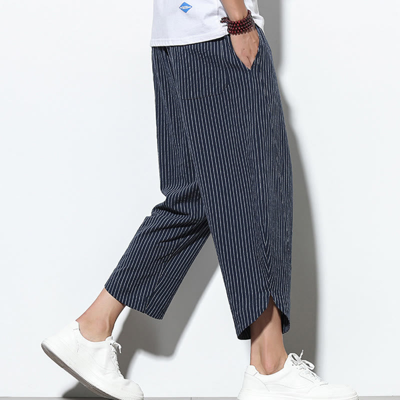 Nimara Ritual Summer Stripes Pattern Drawstring Cotton Linen Men's 7-8 Length Harem Pants With Pockets