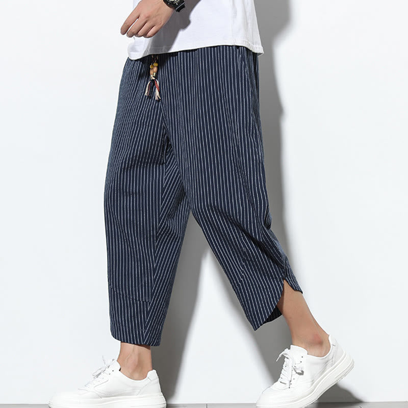 Nimara Ritual Summer Stripes Pattern Drawstring Cotton Linen Men's 7-8 Length Harem Pants With Pockets