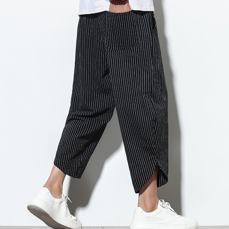 Nimara Ritual Summer Stripes Pattern Drawstring Cotton Linen Men's 7-8 Length Harem Pants With Pockets