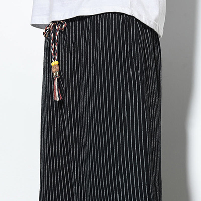 Nimara Ritual Summer Stripes Pattern Drawstring Cotton Linen Men's 7-8 Length Harem Pants With Pockets