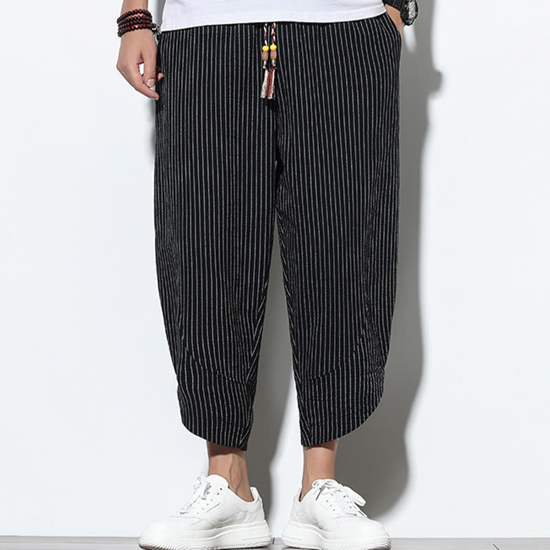 Nimara Ritual Summer Stripes Pattern Drawstring Cotton Linen Men's 7-8 Length Harem Pants With Pockets