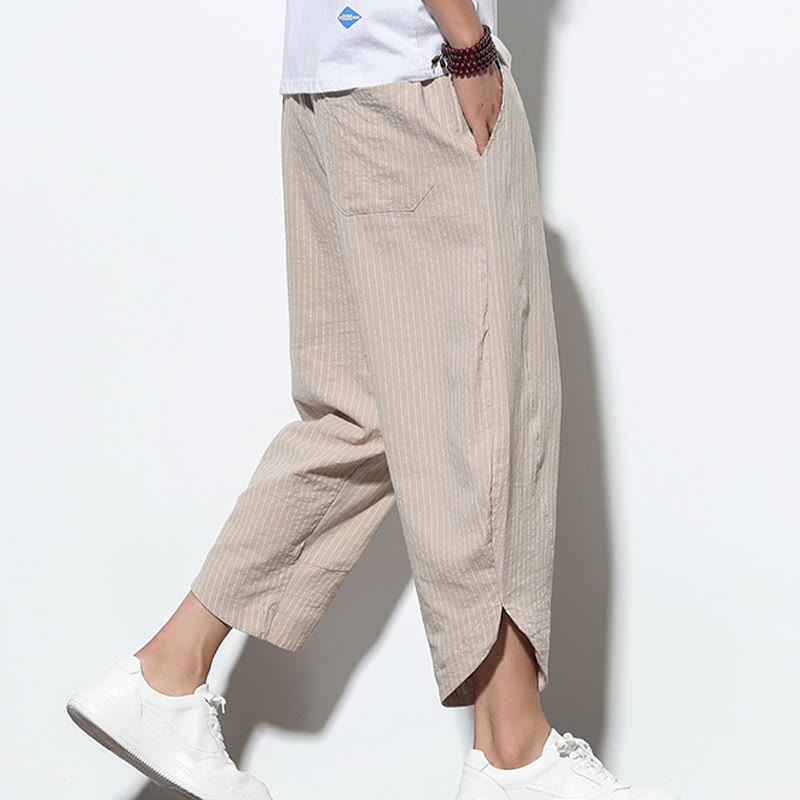 Nimara Ritual Summer Stripes Pattern Drawstring Cotton Linen Men's 7-8 Length Harem Pants With Pockets