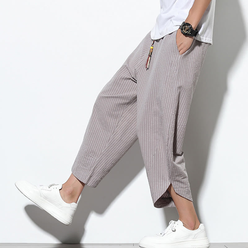 Nimara Ritual Summer Stripes Pattern Drawstring Cotton Linen Men's 7-8 Length Harem Pants With Pockets