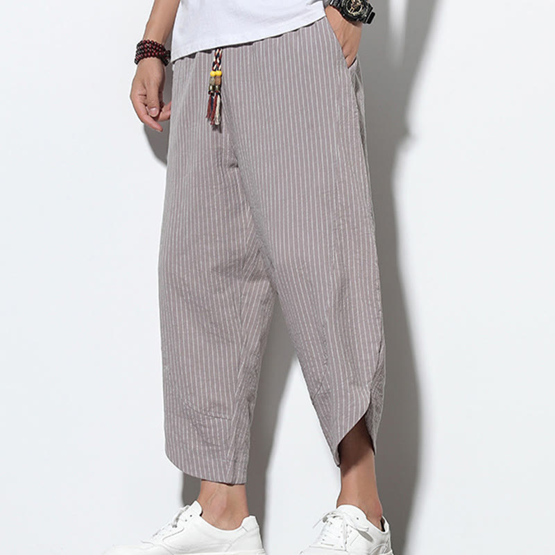 Nimara Ritual Summer Stripes Pattern Drawstring Cotton Linen Men's 7-8 Length Harem Pants With Pockets