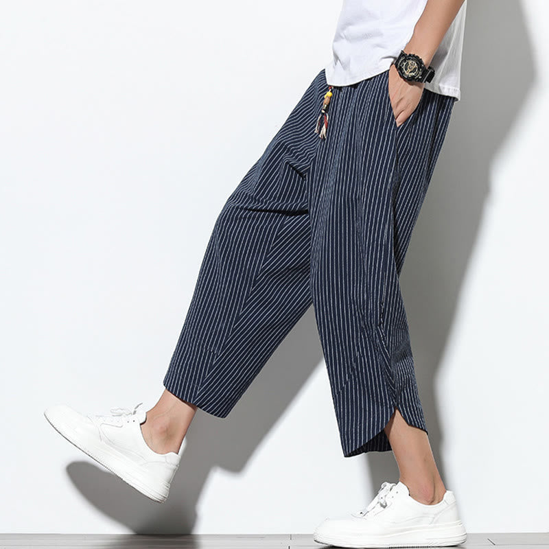 Nimara Ritual Summer Stripes Pattern Drawstring Cotton Linen Men's 7-8 Length Harem Pants With Pockets
