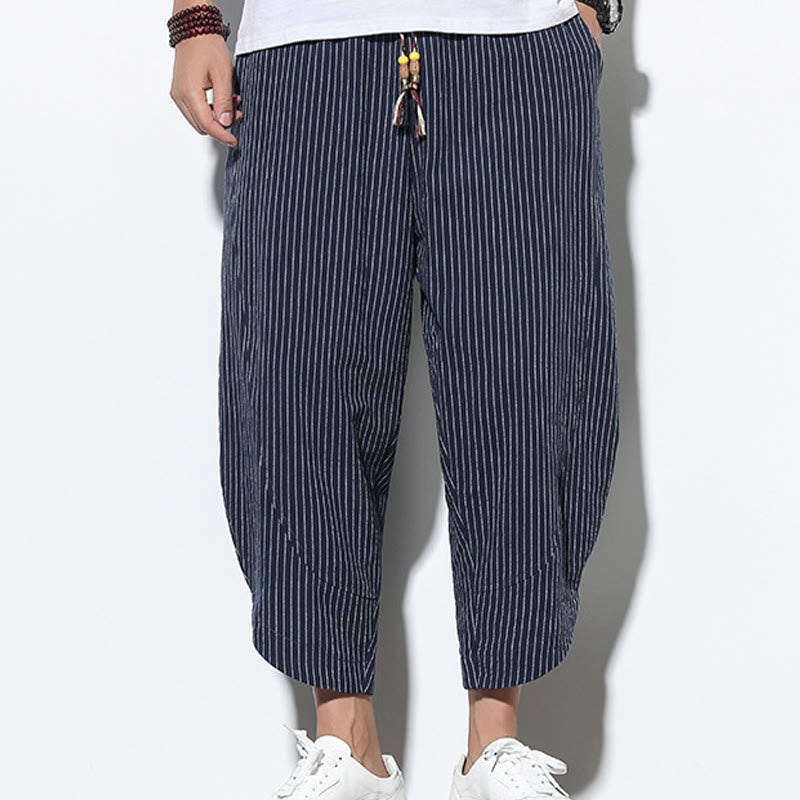 Nimara Ritual Summer Stripes Pattern Drawstring Cotton Linen Men's 7-8 Length Harem Pants With Pockets