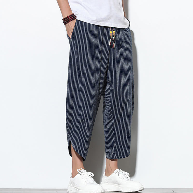 Nimara Ritual Summer Stripes Pattern Drawstring Cotton Linen Men's 7-8 Length Harem Pants With Pockets