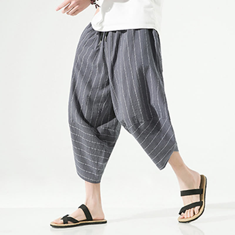 Nimara Ritual Casual Plain Stripes Pattern Drawstring Men's 7-8 Length Cotton Linen Harem Pants With Pockets