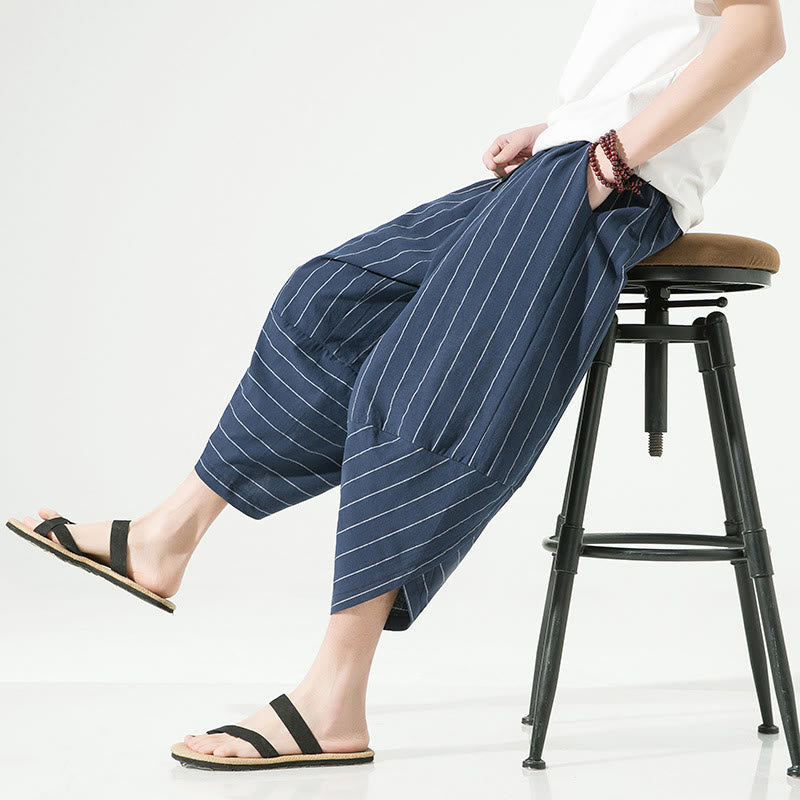 Nimara Ritual Casual Plain Stripes Pattern Drawstring Men's 7-8 Length Cotton Linen Harem Pants With Pockets