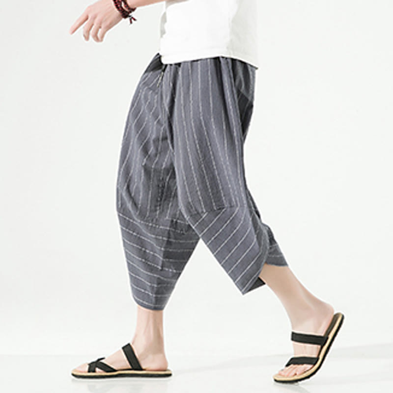 Nimara Ritual Casual Plain Stripes Pattern Drawstring Men's 7-8 Length Cotton Linen Harem Pants With Pockets