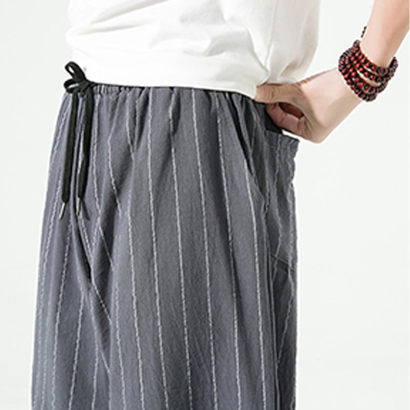 Nimara Ritual Casual Plain Stripes Pattern Drawstring Men's 7-8 Length Cotton Linen Harem Pants With Pockets