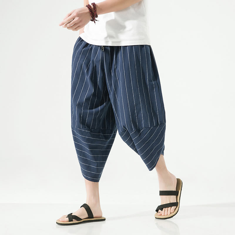 Nimara Ritual Casual Plain Stripes Pattern Drawstring Men's 7-8 Length Cotton Linen Harem Pants With Pockets