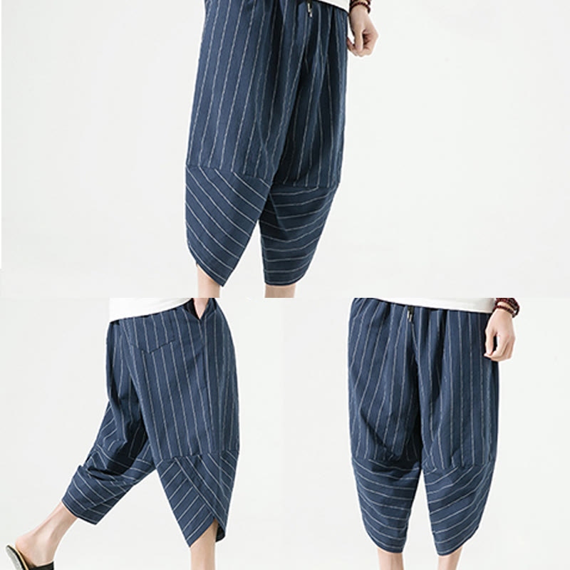 Nimara Ritual Casual Plain Stripes Pattern Drawstring Men's 7-8 Length Cotton Linen Harem Pants With Pockets