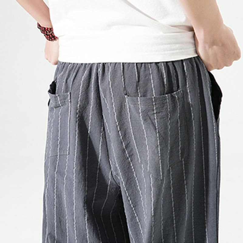Nimara Ritual Casual Plain Stripes Pattern Drawstring Men's 7-8 Length Cotton Linen Harem Pants With Pockets