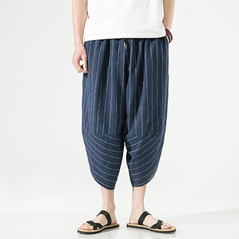 Nimara Ritual Casual Plain Stripes Pattern Drawstring Men's 7-8 Length Cotton Linen Harem Pants With Pockets