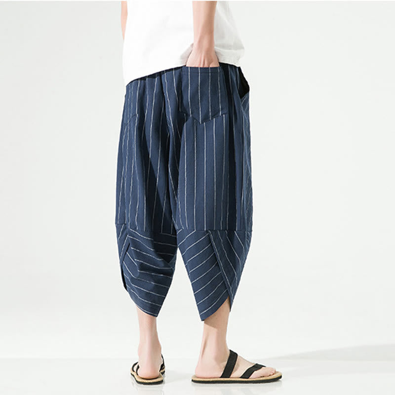 Nimara Ritual Casual Plain Stripes Pattern Drawstring Men's 7-8 Length Cotton Linen Harem Pants With Pockets