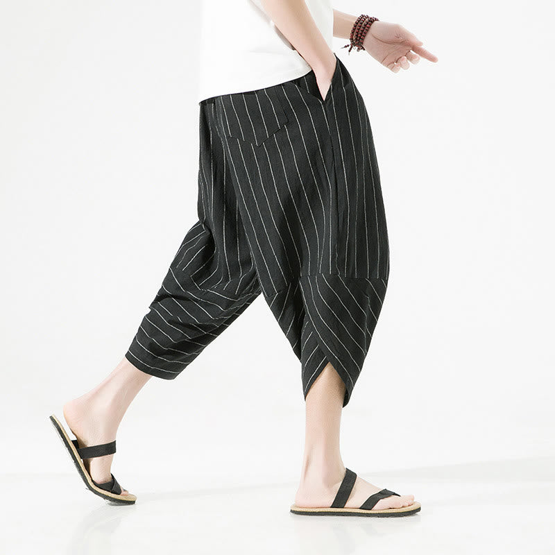 Nimara Ritual Casual Plain Stripes Pattern Drawstring Men's 7-8 Length Cotton Linen Harem Pants With Pockets