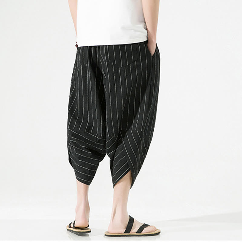 Nimara Ritual Casual Plain Stripes Pattern Drawstring Men's 7-8 Length Cotton Linen Harem Pants With Pockets