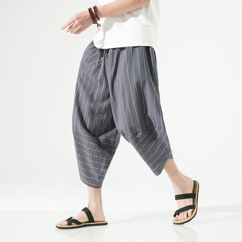 Nimara Ritual Casual Plain Stripes Pattern Drawstring Men's 7-8 Length Cotton Linen Harem Pants With Pockets