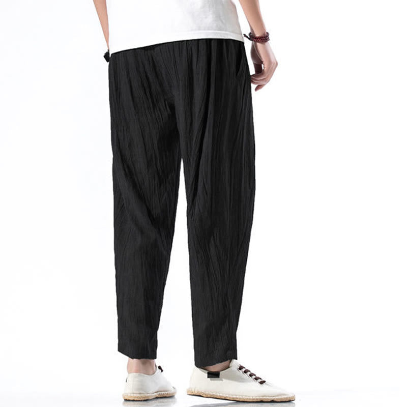 Nimara Ritual Casual Plain Pleated Design Drawstring Men's Long Cotton Linen Harem Pants With Pockets
