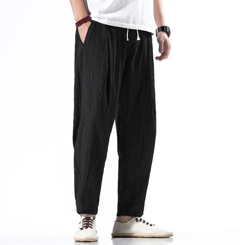 Nimara Ritual Casual Plain Pleated Design Drawstring Men's Long Cotton Linen Harem Pants With Pockets