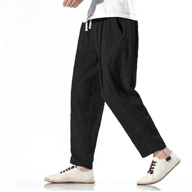 Nimara Ritual Casual Plain Pleated Design Drawstring Men's Long Cotton Linen Harem Pants With Pockets