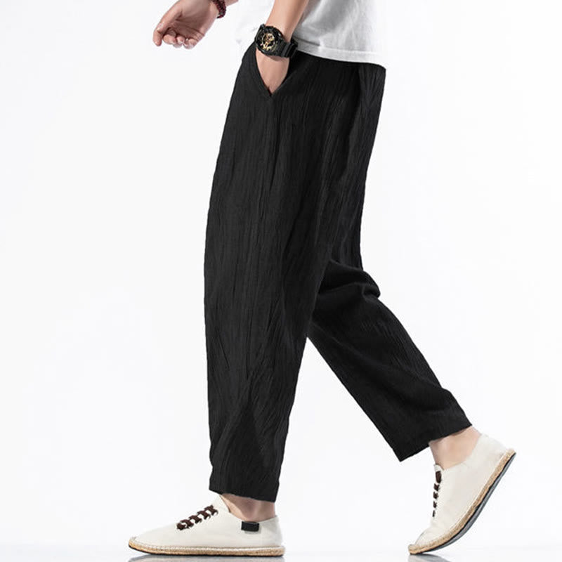 Nimara Ritual Casual Plain Pleated Design Drawstring Men's Long Cotton Linen Harem Pants With Pockets