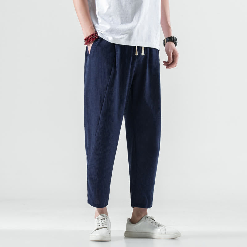 Nimara Ritual Casual Plain Pleated Design Drawstring Men's Long Cotton Linen Harem Pants With Pockets