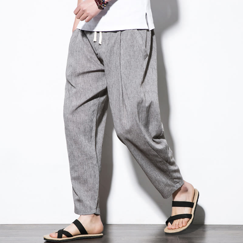 Nimara Ritual Casual Plain Pleated Design Drawstring Men's Long Cotton Linen Harem Pants With Pockets