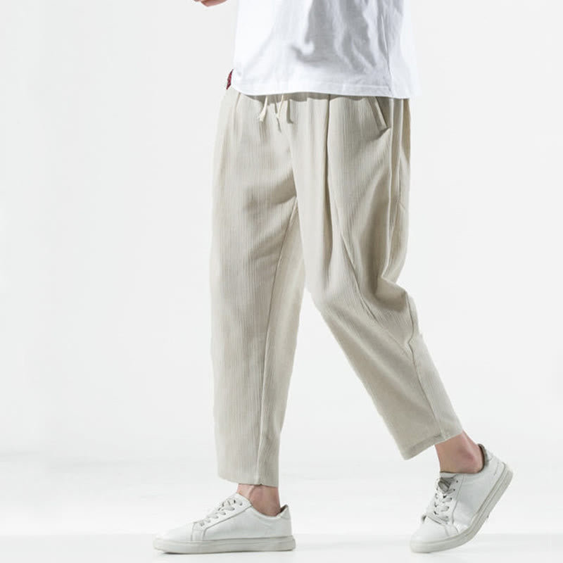 Nimara Ritual Casual Plain Pleated Design Drawstring Men's Long Cotton Linen Harem Pants With Pockets