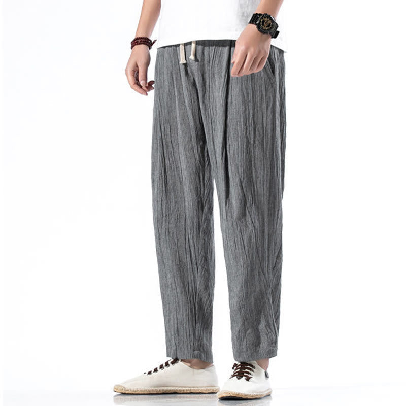 Nimara Ritual Casual Plain Pleated Design Drawstring Men's Long Cotton Linen Harem Pants With Pockets