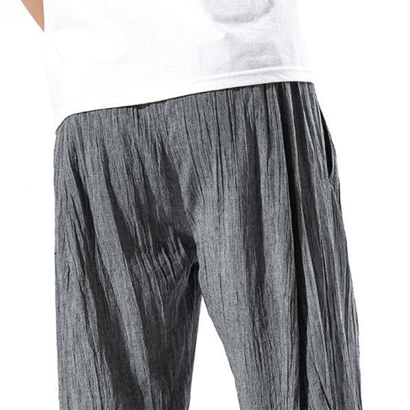 Nimara Ritual Casual Plain Pleated Design Drawstring Men's Long Cotton Linen Harem Pants With Pockets